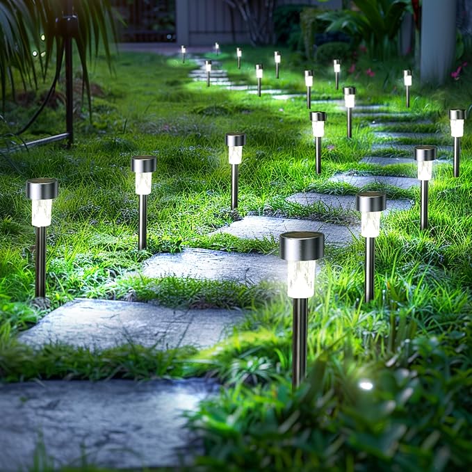 GIGALUMI 24 Pack Solar Lights Outdoor Waterproof,Stainless Steel LED Solar Garden Lights, Solar Pathway Lights Outdoor, Outdoor Solar Lights for Yard, Patio, Lawn and Landscape(Cold White)