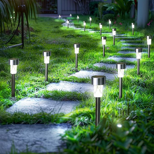 GIGALUMI 24 Pack Solar Lights Outdoor Waterproof,Stainless Steel LED Solar Garden Lights, Solar Pathway Lights Outdoor, Outdoor Solar Lights for Yard, Patio, Lawn and Landscape(Cold White)