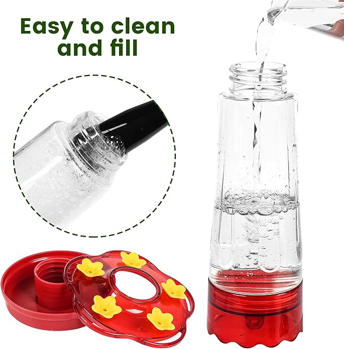 2 Pack Glass Hummingbird Feeders for Outdoors Hanging Ant and Bee Proof,15 Ounces Red Hummingbird Feeder with 5 Feeding Ports and Perches, Built-in Ant Moat, Outside Garden Décor (Glass, 2)