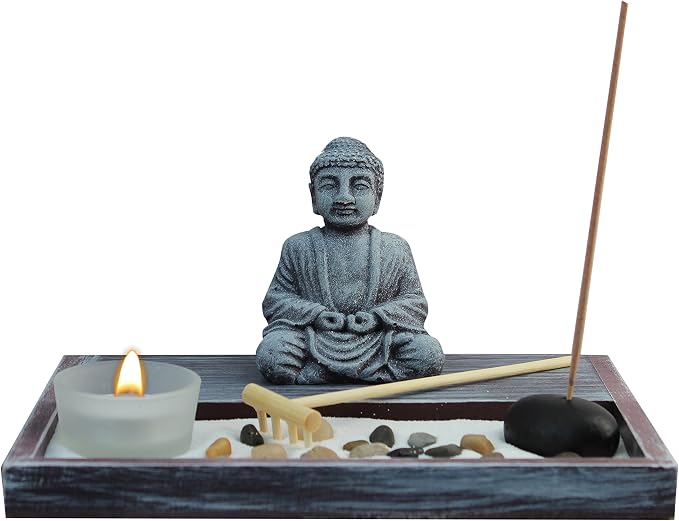 Zen Garden Deluxe Desk Meditation Garden Grey Buddha Statue with Rocks, Tea Light Holder, Rake, Incense and Incense Holder, Sand and Base - Peace & Tranquility (Candle Not Included)