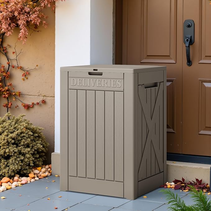 Greesum 48 Gallon Outdoor Package Delivery Box with Lock, Waterproof Secure Parcel Drop Box for Porch, Double-Wall Resin Storage, Light Coffee