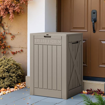 Greesum 48 Gallon Outdoor Package Delivery Box with Lock, Waterproof Secure Parcel Drop Box for Porch, Double-Wall Resin Storage, Light Coffee