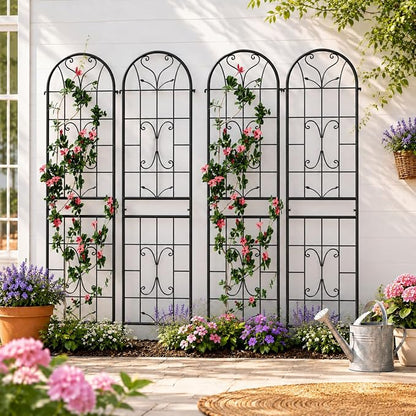 2-Pack 87" x 20" Ornate Scrollwork Arch Black Metal Garden Trellises | Set of 2 rust-resistant trellises with heart scrollwork, arched tops, stakes, and support for roses, vines, or vegetables