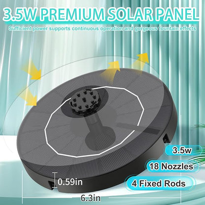 3.5W Solar Fountain Pump, Solar Bird Bath Fountain with 6 Green & 6 Black & 6 Blue Nozzles, Solar Water Pump for Outdoor Garden Patio Small Pond Fish Tank Landscape Decoration