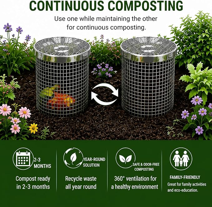 4PCS Inground Worm Composting Bin Turn Food Waste into Nutrient-Rich Soil Increase Soil Fertility Stainless Steel Composting Bin with Holes and Lid for Outdoor Garden Vegetable Patch Backyard