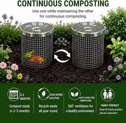 4PCS Inground Worm Composting Bin Turn Food Waste into Nutrient-Rich Soil Increase Soil Fertility Stainless Steel Composting Bin with Holes and Lid for Outdoor Garden Vegetable Patch Backyard