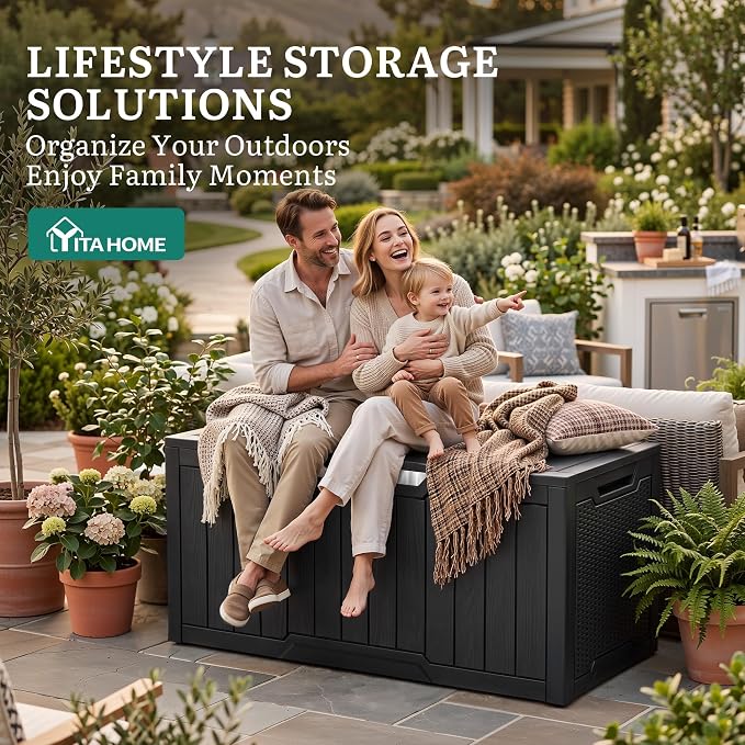 YITAHOME 100 Gallon Large Outdoor Storage Box | Water Resistant Resin Deck Box w/Silver Decorative PVC Trim Pane, Lockable Rattan Storage Container for Patio, Garden