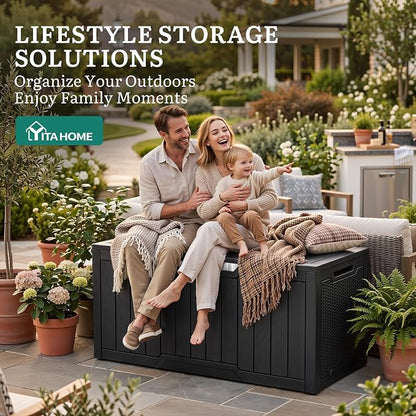 YITAHOME 100 Gallon Large Outdoor Storage Box | Water Resistant Resin Deck Box w/Silver Decorative PVC Trim Pane, Lockable Rattan Storage Container for Patio, Garden