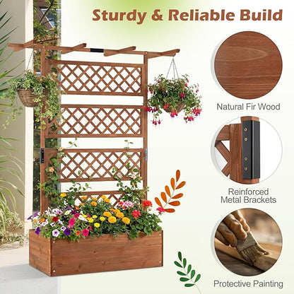 Giantex Raised Garden Bed with Trellis, 72'' Wooden Planter Box Outdoor w/Privacy Screen Roof, Large Vertical Garden Planter w/Drainage Holes for Climbing Plants, Patio Balcony Backyard