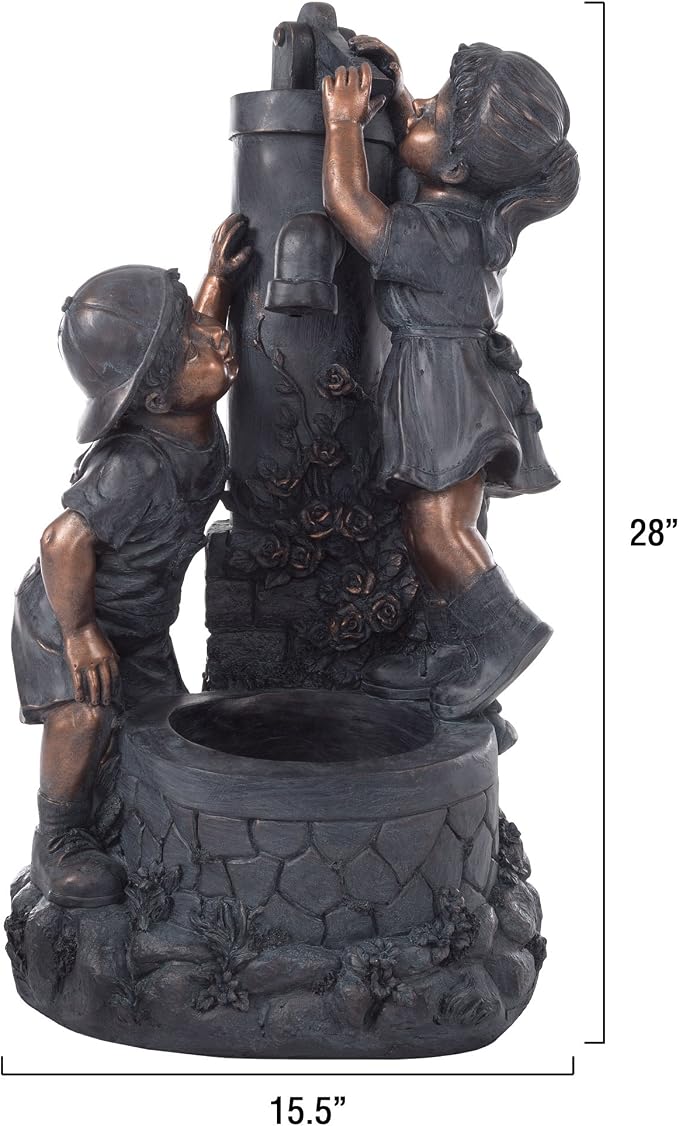 Outdoor Water Fountain with Boy and Girl, Antique Bronze Design and Soothing Sound for Decor on Patio, Lawn and Garden By Pure Garden