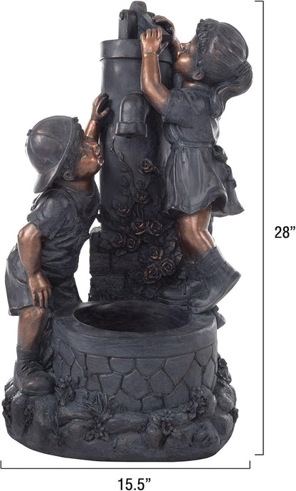 Outdoor Water Fountain with Boy and Girl, Antique Bronze Design and Soothing Sound for Decor on Patio, Lawn and Garden By Pure Garden
