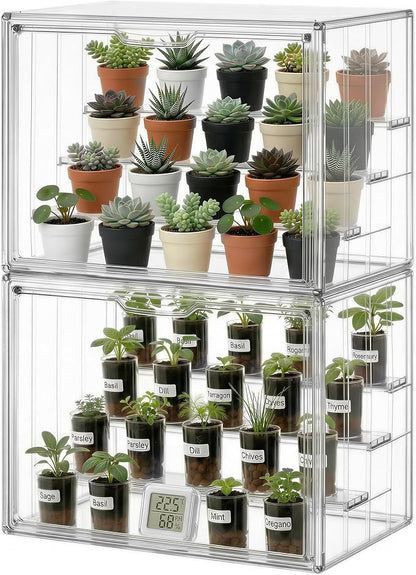 HBlife Mini Greenhouse for Indoor, Clear Stackable Green House with Magnetic Door & Adjustable Drainage Dividers, Tabletop Portable Greenhouse for Small Plants Nursery Germination and Display, 2 Pack