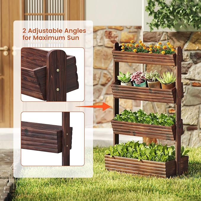 GHWIE Wooden Garden Planter Box, Raised Bed with Vertical Plant Rack, Indoor Outdoor Flower Herb Vegetable Stand (Carbonized, 4 Tier)