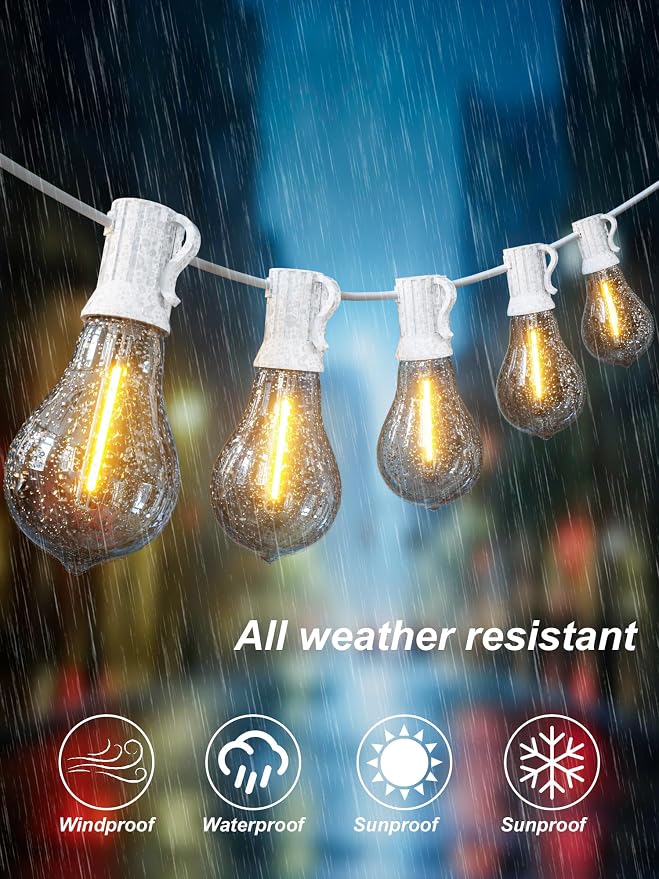 DAMAING Outdoor String Lights 200FT(2x100FT) Waterproof Patio Lights with 105 Plastic Dimmable LED Edison Bulbs,Connectable Outdoor Lighting for Backyard,Garden and Wedding Outside, 2200K White Cord