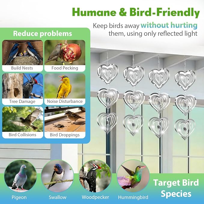 Bird Deterrents for Outside, 12 Discs Stainless Steel 3D Wind Spinners Garden Decor, 4 Sets Reflective Bird Scare Devices to Keep Woodpeckers, Pigeons Away from Patio, Balcony, Porch, Deck