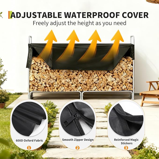 PeakPursuit 4.3FT Firewood Rack with 600d Oxford Waterproof Cover, Heavy Duty Indoor/Outdoor Steel Log Storage Rack - Wood Pile Holder Stacker Organizer for Fireplace, Patio, Fire Pit, Backyard
