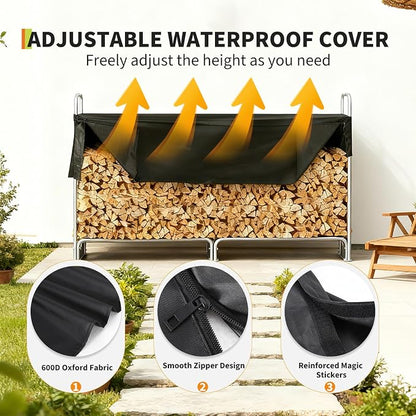 PeakPursuit 4.3FT Firewood Rack with 600d Oxford Waterproof Cover, Heavy Duty Indoor/Outdoor Steel Log Storage Rack - Wood Pile Holder Stacker Organizer for Fireplace, Patio, Fire Pit, Backyard