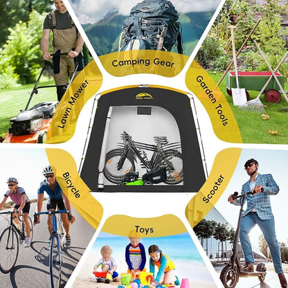Happy Travel Bike Storage Shed Tent, Waterproof Portable Bike Cover with 40% More Top Space for 2/3/4/5 Bikes,Clips Easy Setup Sheds Shelter with Lockable Bicycle Design for Garden Tools, Lawn Mower