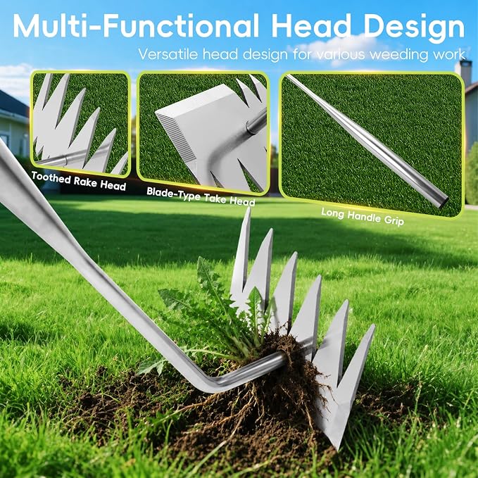 Weed Puller Tool,Newly Upgraded 6 Teeth Portable Manual Weeding Tools Gardening, Dual Head Stainless Steel Hand Garden Weeding Rake,Multi-Purpose 17.7" Weed Remover Tool Weeding Tools for Gardening
