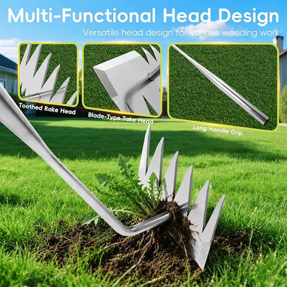 Weed Puller Tool,Newly Upgraded 6 Teeth Portable Manual Weeding Tools Gardening, Dual Head Stainless Steel Hand Garden Weeding Rake,Multi-Purpose 17.7" Weed Remover Tool Weeding Tools for Gardening