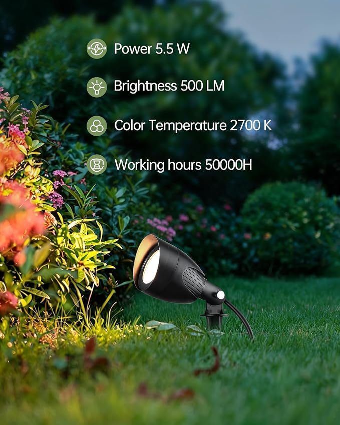 LITFIT 120V LED Outdoor Spotlight, 5.5W 2700K Plug in Spotlight, Landscape Accent Luminaire, Waterproof Flood Light for Yard, Tree, Flag, Lawn, Garden, Holiday Decorative, 5FT Extension Cord, 4PACK