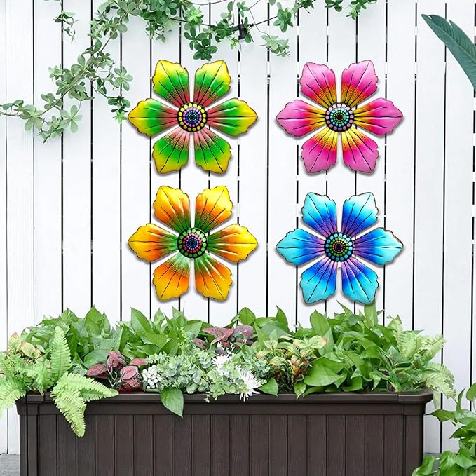 LWINGFLYER 4PCS Metal Butterfly Wall Decor Butterflies for Garden Wall Art Decoration for Fence Patio Accents Balcony Features Beautify Backyards Gardens Porch Living Areas (Flower)