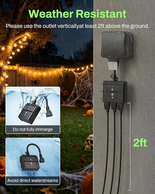 BN-LINK Outdoor Light Timer, Waterproof Plug-in Dusk-to-Dawn Controller with 3 Grounded Outlets for Christmas & Halloween String Lights, 15A 1/2HP, ETL Listed