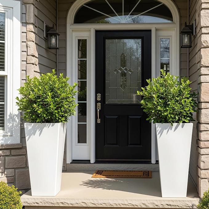 Worth Garden Large 28 in.Tall Planters Set of 2 for Indoor and Outdoor, Heavy Duty Plastic White Modern Taper Flower Plant Pots with Drainage Hole and Dual-Purpose Tray for Front Porch, Patio