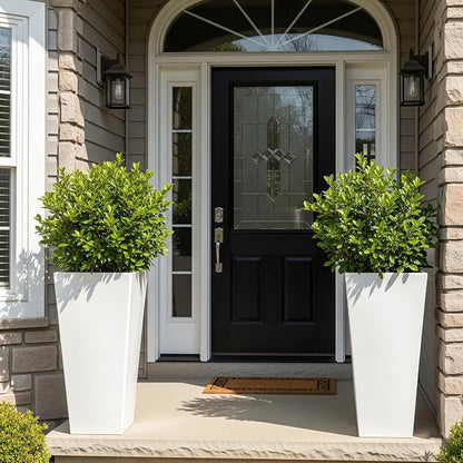Worth Garden Large 28 in.Tall Planters Set of 2 for Indoor and Outdoor, Heavy Duty Plastic White Modern Taper Flower Plant Pots with Drainage Hole and Dual-Purpose Tray for Front Porch, Patio