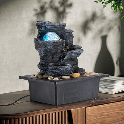 Amootek Table Top Fountain Spin Ball Rock Waterfall Fountain Office Table Top Fountain Includes Many Natural River Rocks Decorated with Colorful Lights and Rollers 9.05" L x 6.95" W x 10.25" H