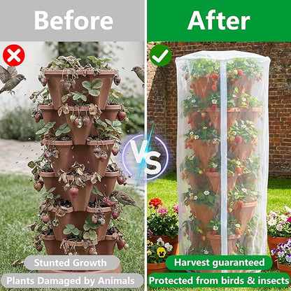 2 Pcs Vertical Plant Pot Insect Netting with Zipper, 59"x22" Stackable Planter Garden Net Cover, 6 to 7 Tier Planter Pot Insect Bird Barrier Protection Mesh for Strawberry Herb Flower Fruit Vegetable
