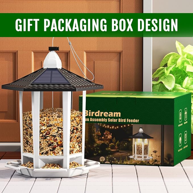 Birdream Solar Bird Feeders for Outdoors Hanging, Assembly Required, 1-Min Easy Setup, Wild Seed Feeders for Cardinals Chickadees and Finches
