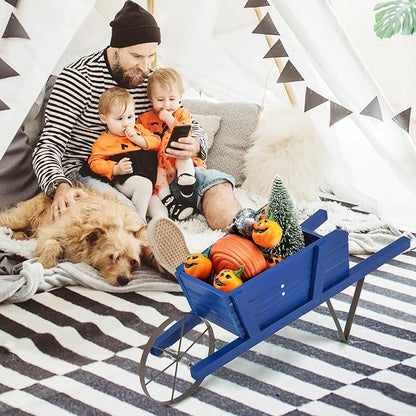 Wooden Wagon Planter, 27.5"x10.5"x11.5" Wheelbarrow Cart Plant Pot with Halloween Decoration & Mental Supports, Single Wheel Movable Garden Flower Cart Planter for Yard, Backyard (Blue)