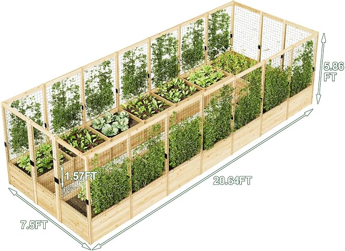 AMERLIFE Outdoor Raised Garden Bed with Deer Proof Fence, Wooden Raised Garden Bed with 19" Depth Planter Box, 7.5Wx20Dx6H Planter with Fence