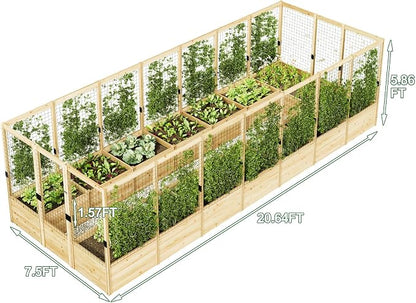 AMERLIFE Outdoor Raised Garden Bed with Deer Proof Fence, Wooden Raised Garden Bed with 19" Depth Planter Box, 7.5Wx20Dx6H Planter with Fence