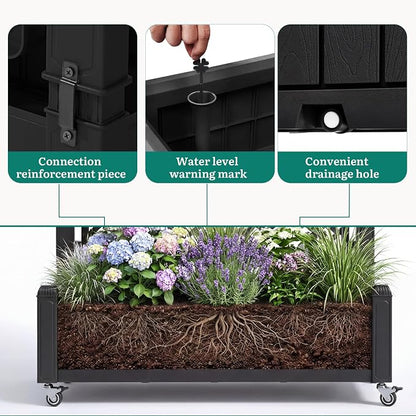 YITAHOME 43.3x17.7x61 in Planter Trellis Box with Wheels & Drain Plug, Outdoor Resin Raised Garden Bed for Climbing Plants, Large Weather-Resistant Design, Black