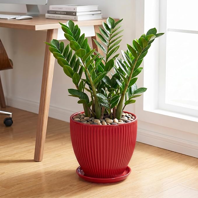 10 Inch Plant Pot, Ceramic Planters for Indoor Plants, Decorative Plant Pots with Drainage Hole and Saucer, Modern Round Large Planter, Office Apartment Decor, House Warming Gifts, Red
