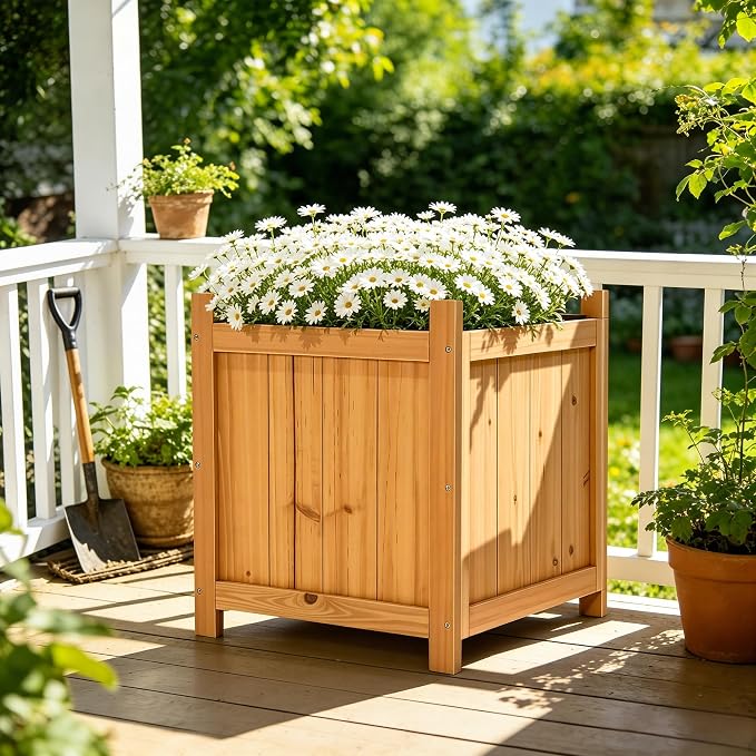 2-Pack 16" Square Fir Wood Planter Boxes with Drainage Holes | Set of 2 fir wood planters with removable bases, liners, and drainage holes for flowers, herbs, porch, patio, or garden