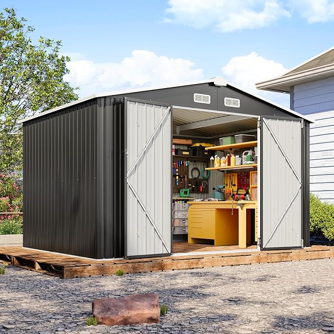 10x8FT Outdoor Storage Shed Black | Metal Garden Tool Shed with Sloping Roof & Lockable Door for Garden, Patio, Backyard