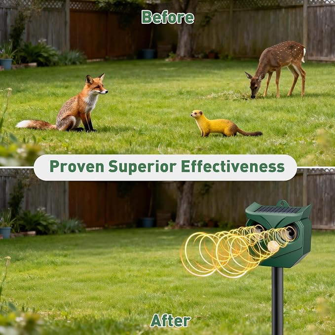 2Pack Solar Ultrasonic Animal Deterrent Outdoor, Motion Sensor Repeller with Flashing Lights, Waterproof Deterrent Device for Cats Squirrels Deer Raccoons Skunks - Garden Yard Farm Protection
