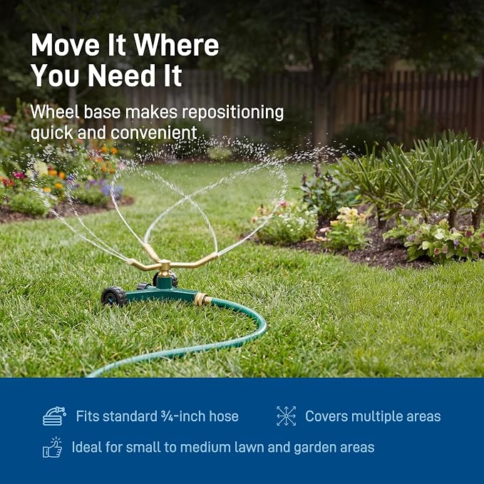 Orbit 58257N Lawn and Garden 3-Arm Metal Sprinkler with Wheel Base