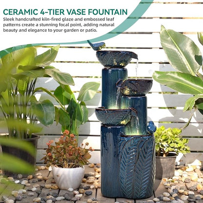 33" H Ceramic Outdoor Water Fountain with LED Lights, 4-Tier Bowl Water Feature with Birds, Teal Blue Glaze, Embossed Leaf Pattern, Cascading Waterfall for Tranquil Garden, Patio, or Porch