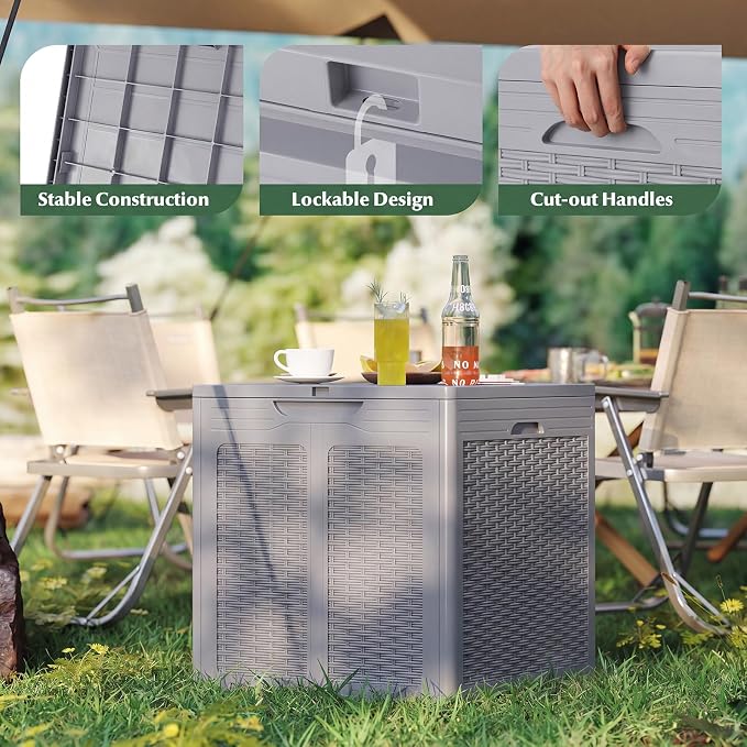 Tangkula 39 Gallon Outdoor Storage Box, Waterproof PP Resin Patio Storage Box with Lockable Lid for Indoor & Outdoor Use, Rattan Design Deck Box for Cushions, Garden Tools