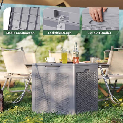 Tangkula 39 Gallon Outdoor Storage Box, Waterproof PP Resin Patio Storage Box with Lockable Lid for Indoor & Outdoor Use, Rattan Design Deck Box for Cushions, Garden Tools