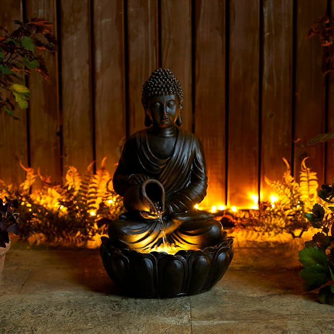 Glitzhome Zen-Style 2-Tiered Buddha Statue Polyresin Outdoor Decoration with Pump and LED Light, 20.5" H