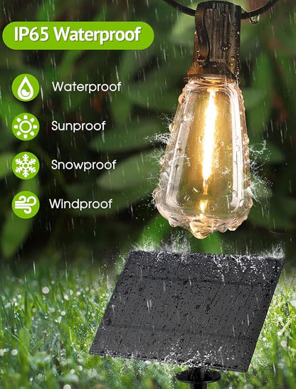 Larkvue 96FT(2x48FT) Solar Outdoor String Lights with Remote & Timer, Dimmable Patio Lights with 30+2 Shatterproof ST38 LED Bulbs for Outside-Black