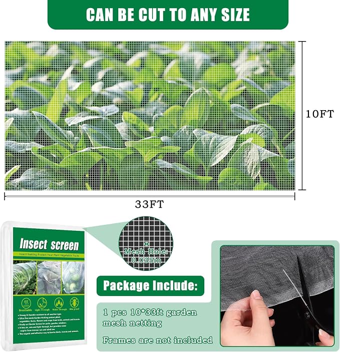10 X 33 FT Garden Mesh Netting Pest Barrier for Raised Beds, Fruit Tree Netting for Cicadas, Bird Insect Nettings for Gardening, Blueberry Bush Strawberry Nettings Cover for Garden Protection