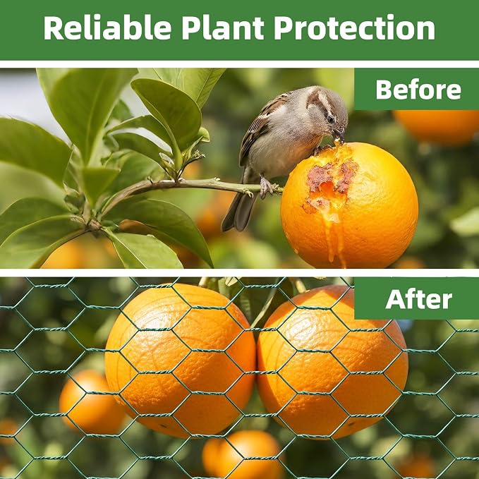 Chicken Wire for Floral Arrangements - Hexagonal Galvanized PVC Coated Poultry Wire Mesh Netting with Gloves, Wire Cutter & Zip Ties for Crafts, Poultry, Gardening Fence (15.7 x 196 lnches)