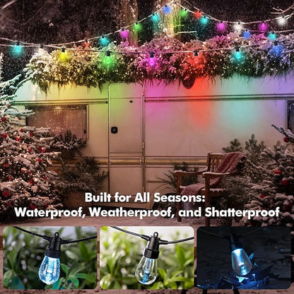 Outdoor String Lights Waterproof Patio Lights 104FT (2x52FT) 40 RGBW Dimmable LED Bulbs, APP & Remote Control, Shatterproof Hanging Color Changing Lights for Outside Backyard Party Porch Balcony