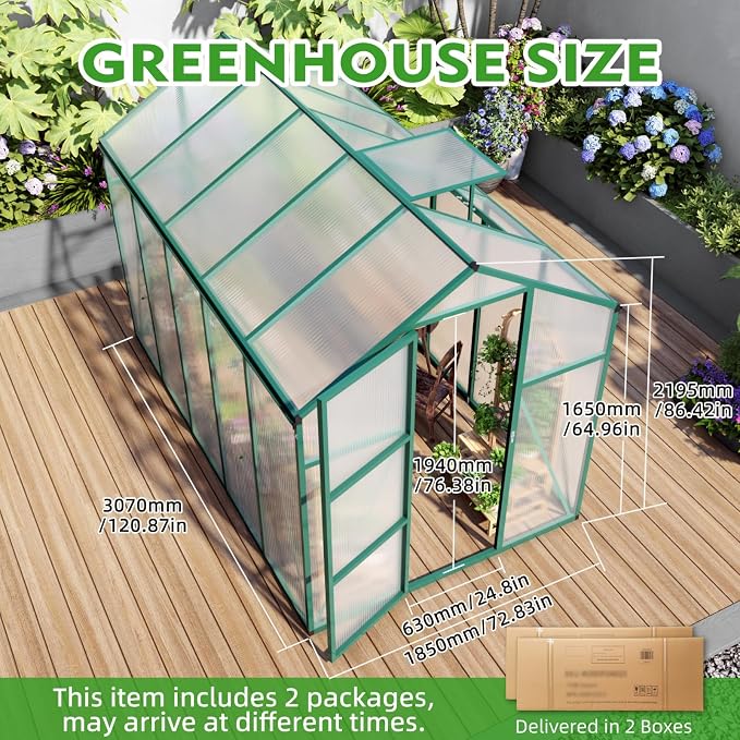 6x10 FT Greenhouse, Walk-in Heavy Duty Polycarbonate Outdoor Greenhouses with Raised Base & Anchor, Height-Enhanced Aluminum Frame, & Drainage System for Backyard All Season Growing, Green